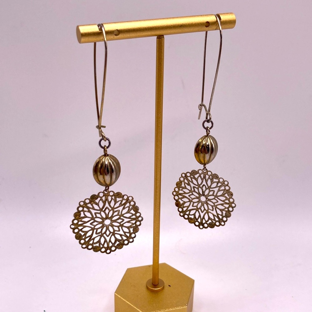 Mandala earrings filagree dangle gold tone
